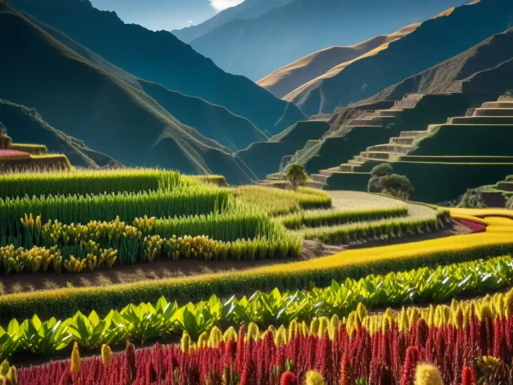 Un campo de quinua inca mostrando colores vibrantes y terrazas en la lejanía