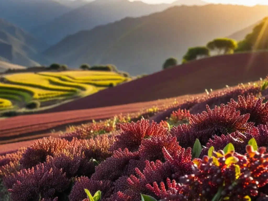 Un campo de quinua roja vibrante en los Andes al atardecer, resaltando las terrazas incas y su sistema de comercio alimentos imperio inca