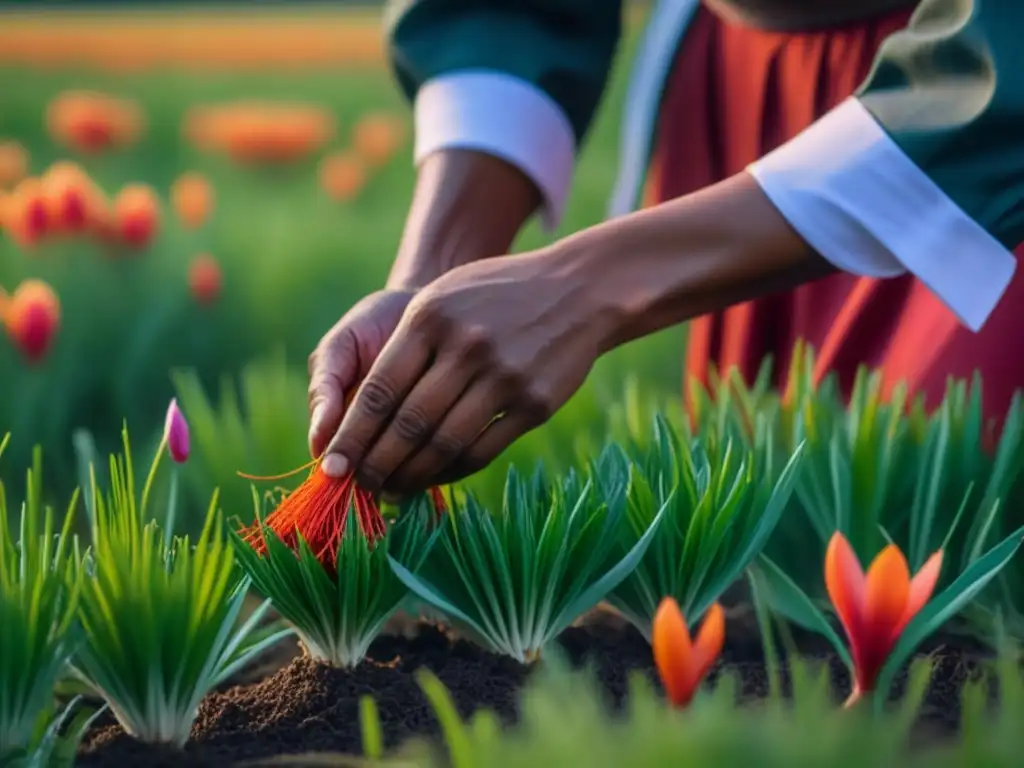 Un campo verde vibrante en Zanzíbar, África, donde se cosechan a mano delicados hilos de azafrán rojo, mostrando la historia del azafrán en África