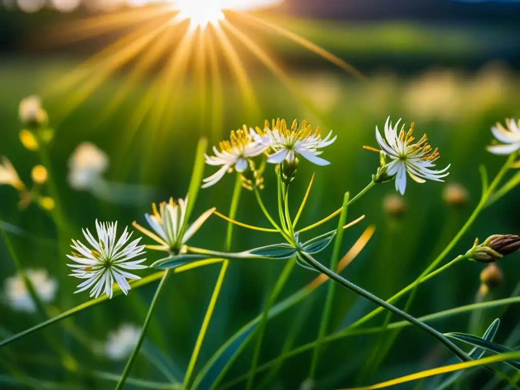 Un campo vibrante de alcaravea y comino en Europa medieval, con flores delicadas, hojas intrincadas y semillas formando patrones