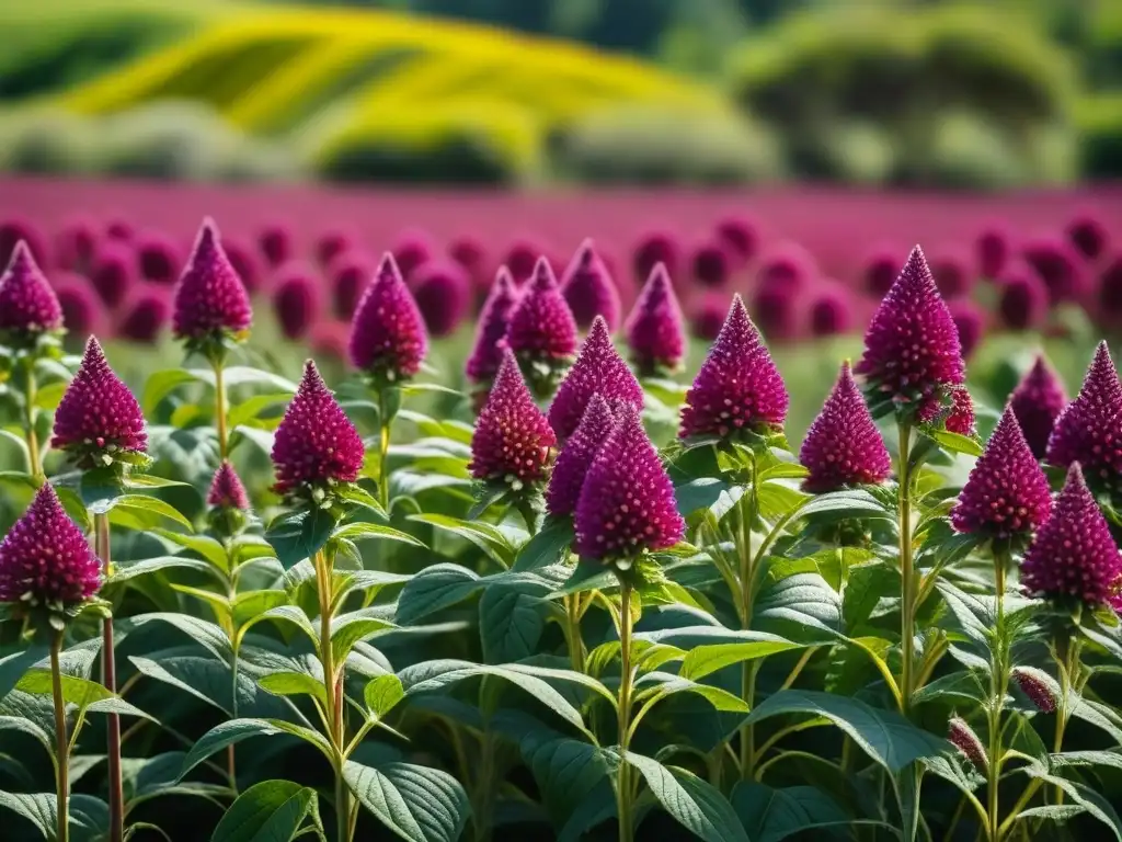 Un campo vibrante de plantas de amaranto en Mesoamérica antigua, detallado y colorido