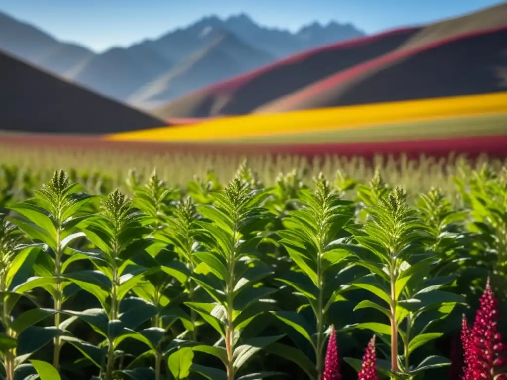 Un campo vibrante de quinua en los Andes, destacando la esencia de los ingredientes incas en la cocina moderna