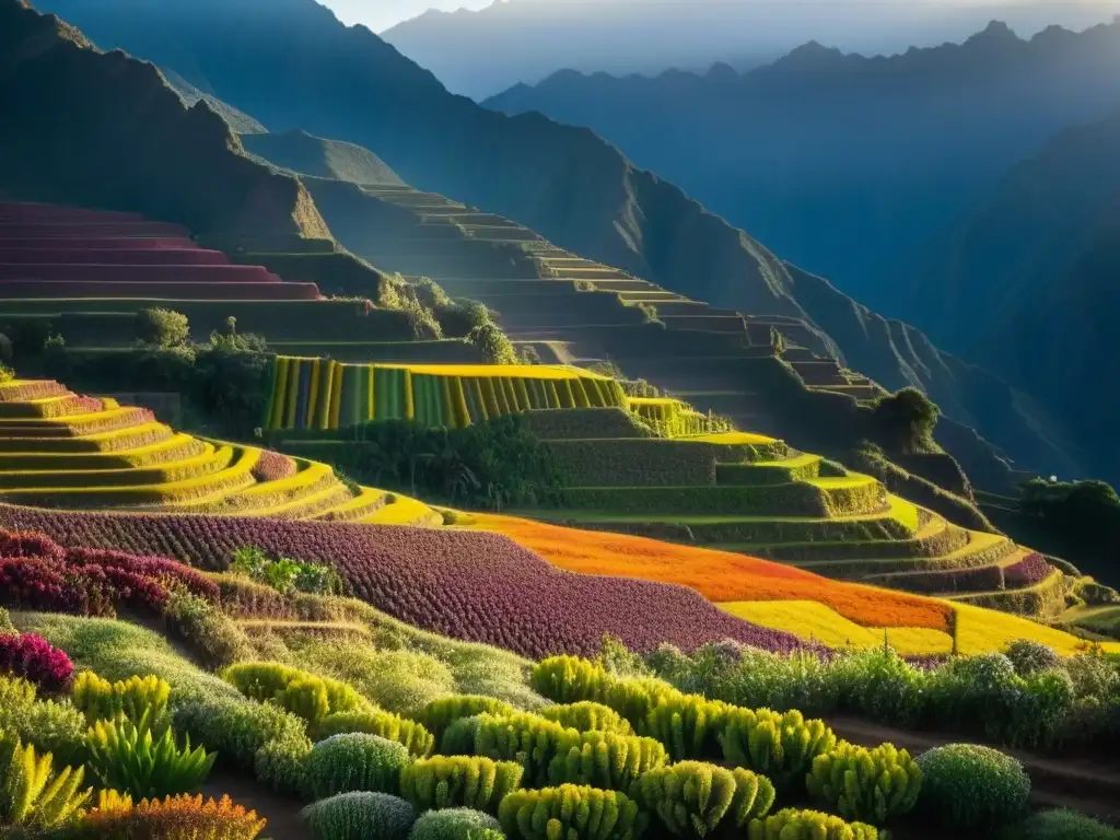 Campo vibrante de quinua del Imperio Inca al amanecer, mostrando la diversidad alimentaria y los cultivos en terrazas