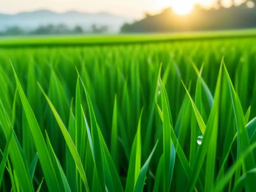 Campo de arroz tailandés al amanecer: belleza y pureza Campos de arroz jazmín al amanecer, destacando la belleza y pureza de este ingrediente