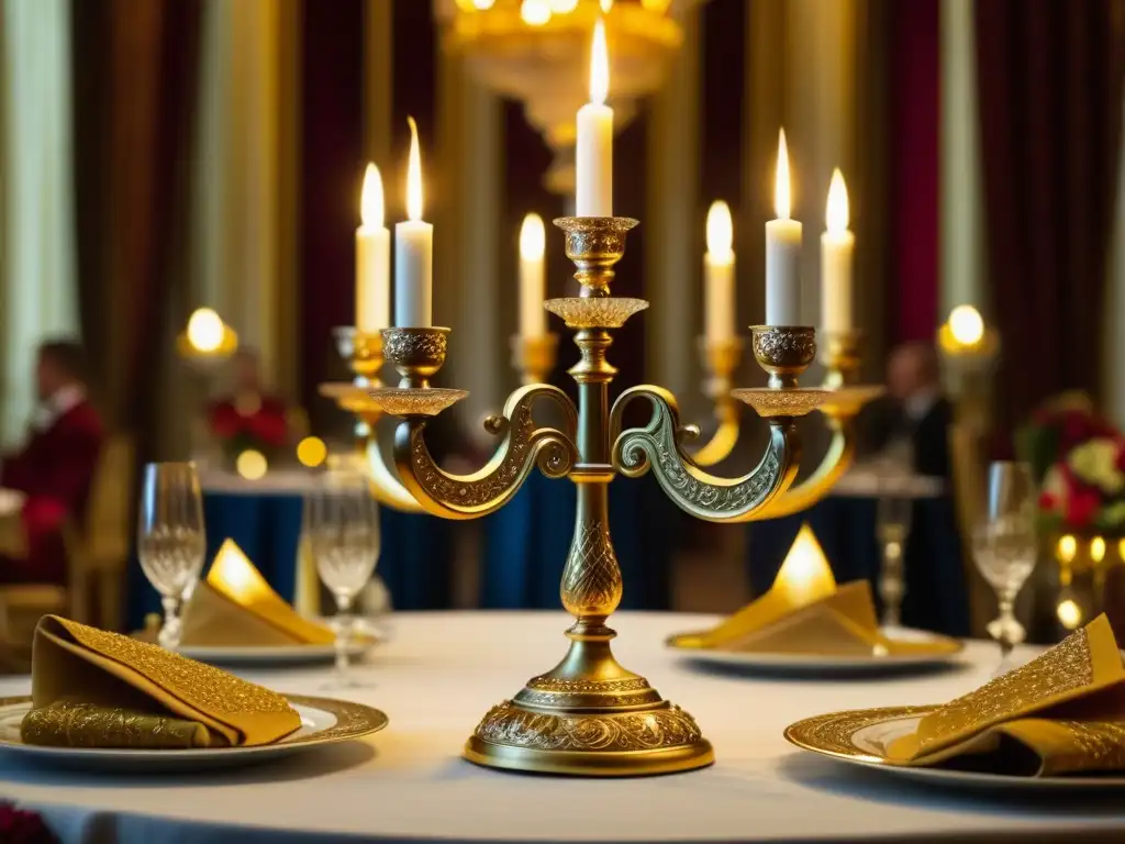 Un candelabro dorado adornado con cristales, sobre mesa lujosa con platos de fusión franco-rusa