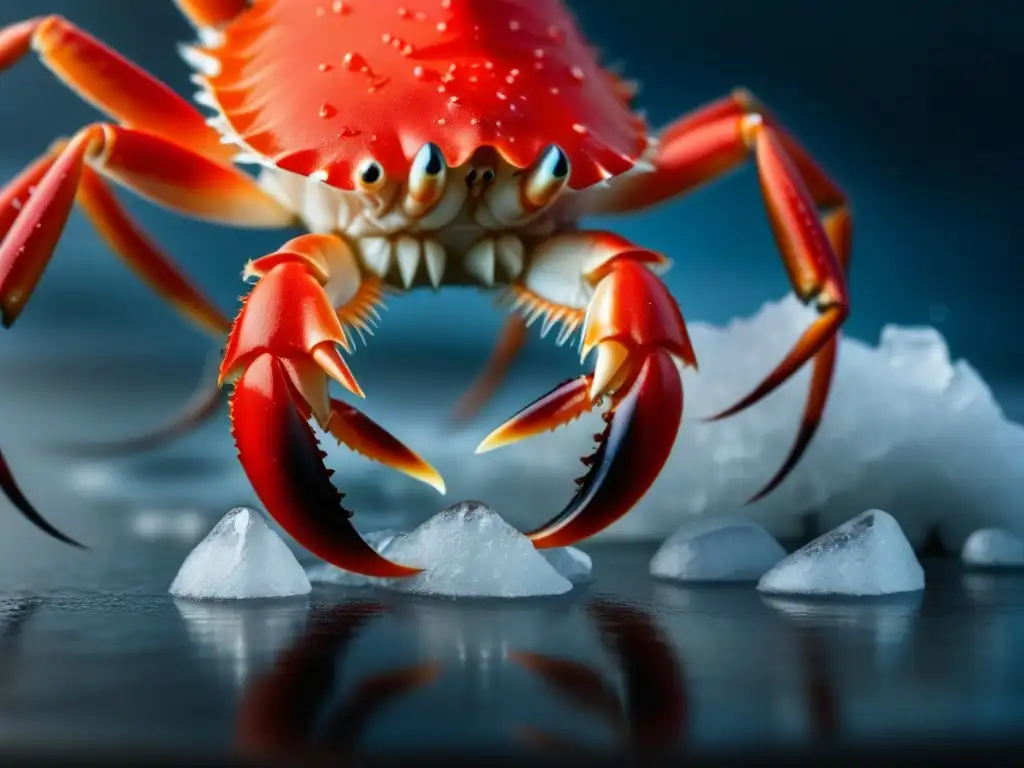 Cangrejo Real Gastronomía Rusa: Detalle de una pinza roja vibrante en hielo, con texturas y gotas de agua