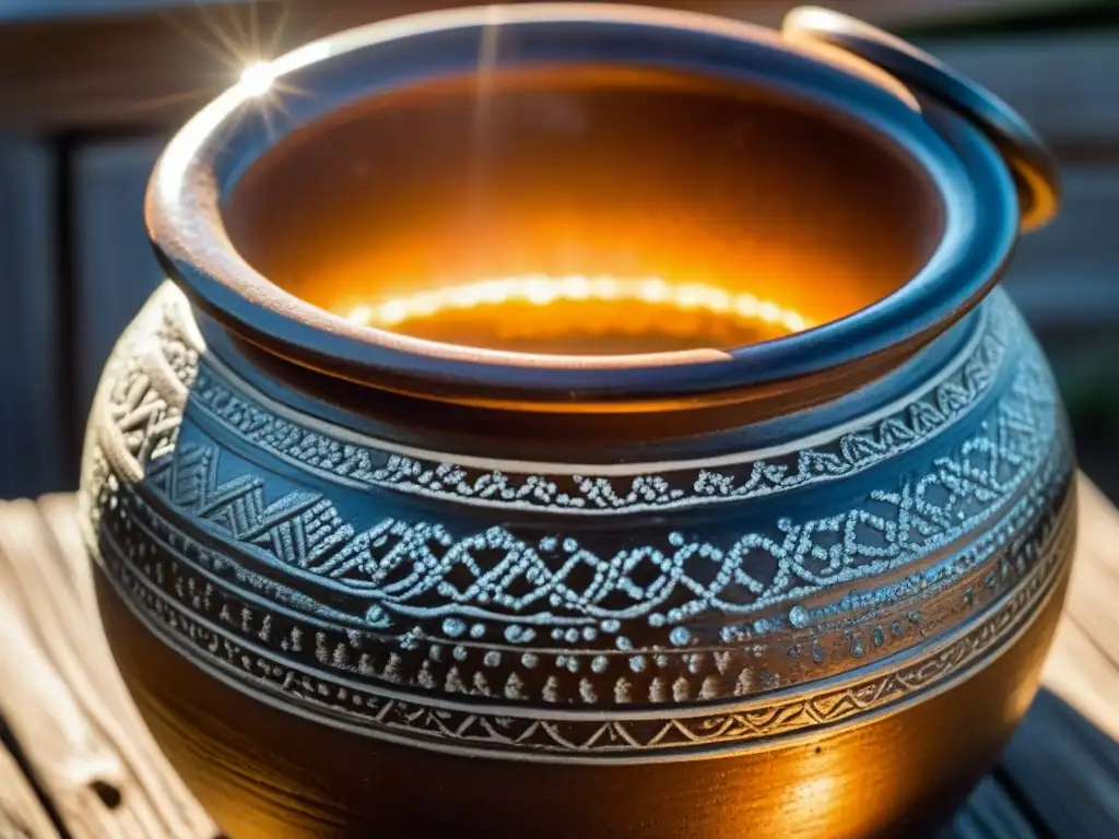 Un cántaro de barro antiguo con agua clara en una mesa rústica