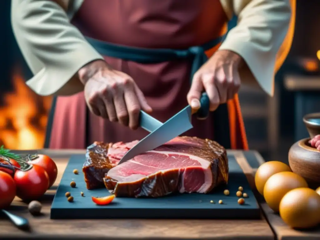 Arte culinario medieval: El meticuloso trabajo del carnicero Un carnicero medieval preparando carne con detalle y precisión
