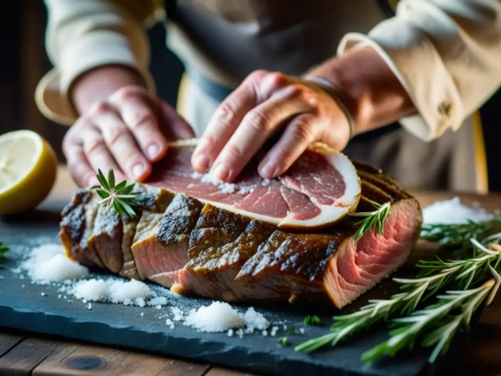 Un carnicero medieval aplica métodos tradicionales para curar carnes, resaltando su destreza y la historia detrás de esta técnica artesanal