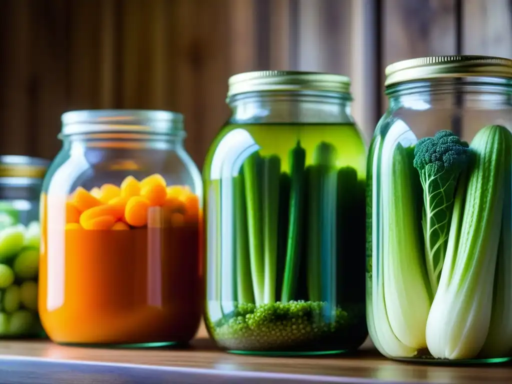 Fermentación en casa para principiantes: Detalle colorido y burbujeante de frascos con vegetales fermentados como repollo, zanahorias y pepinos