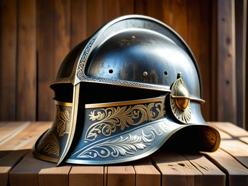 Un casco de conquistador español detallado, con grabados e imperfecciones