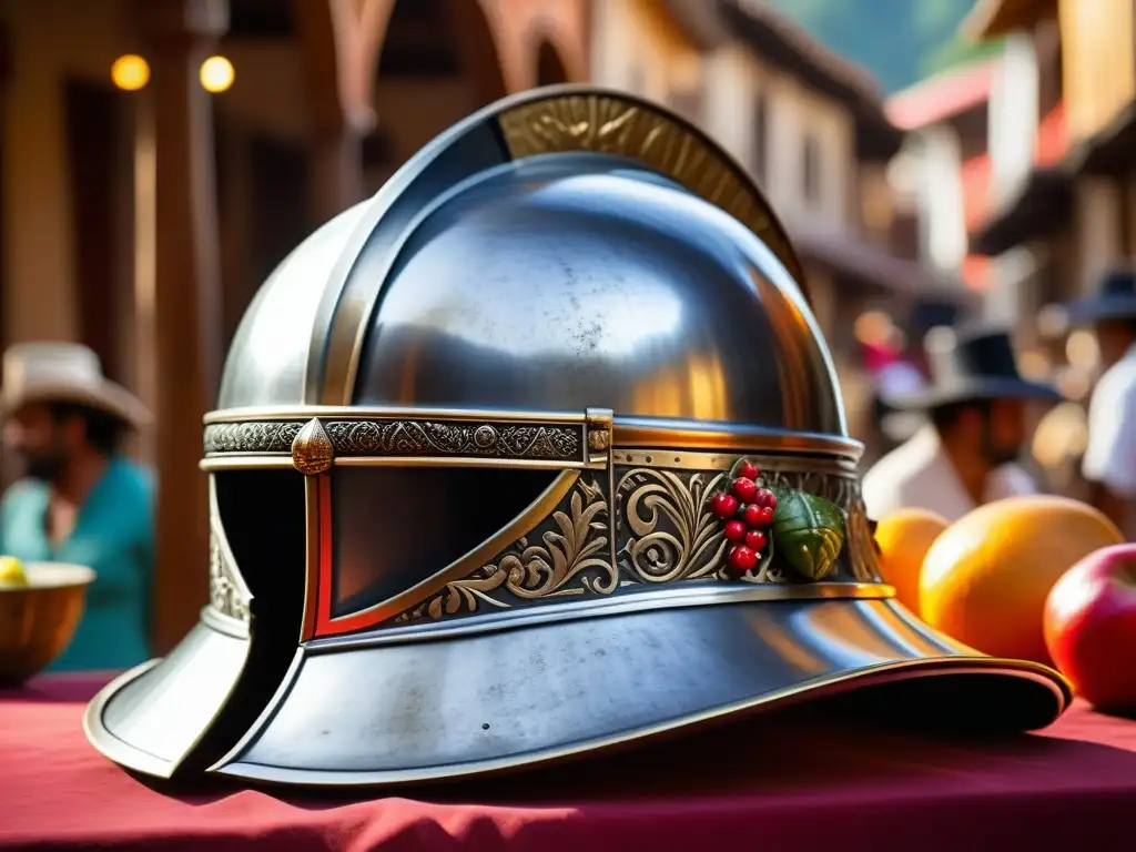 Un casco de conquistador español con detalles grabados, en un mercado colonial