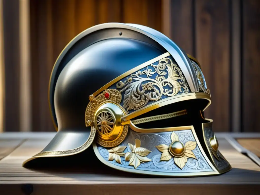 Un casco de conquistador español con detalles dorados sobre una mesa de madera, evocando la gastronomía de la era del imperio español