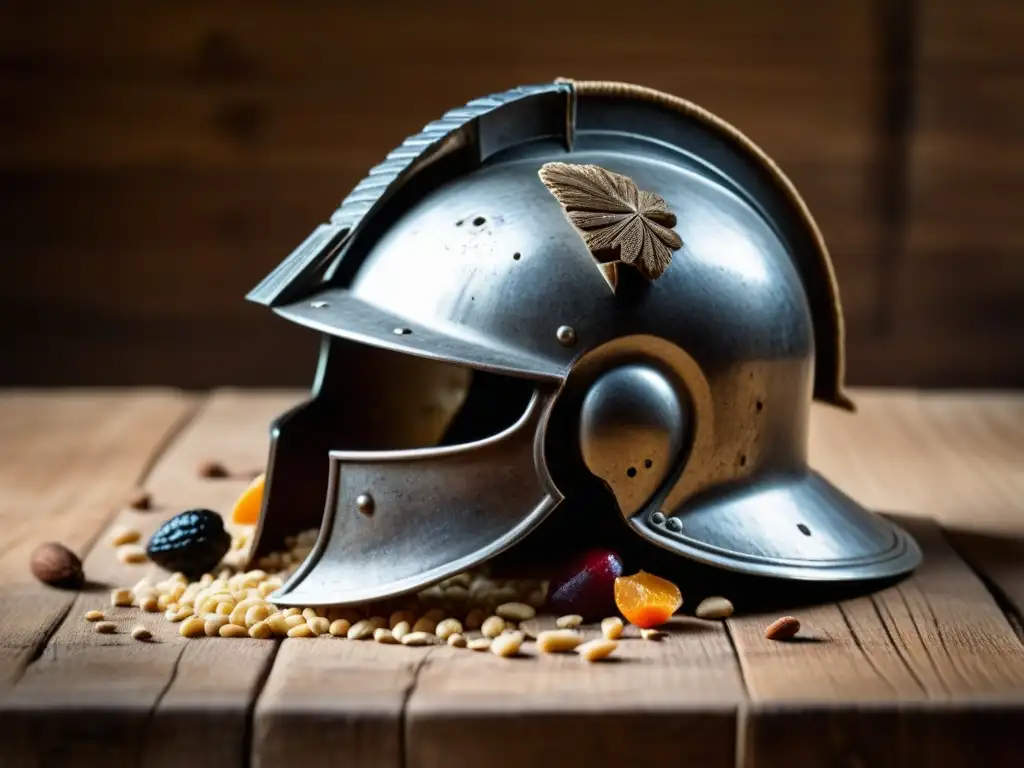 Un casco de gladiador romano desgastado sobre una mesa de madera, rodeado de granos y frutas secas