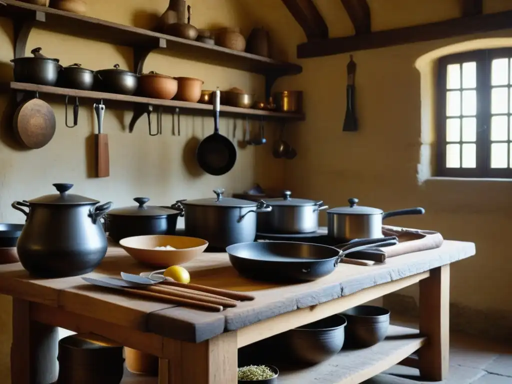 Gastronomía medieval en castillos europeos: Imagen detallada de una cocina medieval con utensilios de cocina, ollas burbujeantes y ingredientes