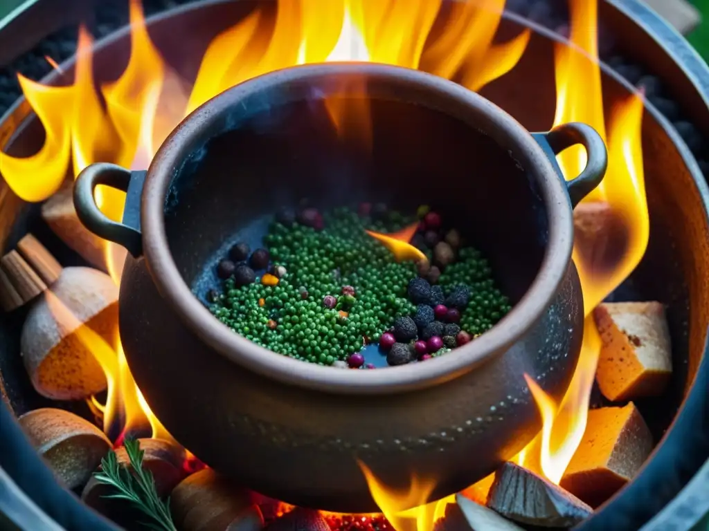 Cautivadora escena de cocina medieval con recetas históricas, caldero burbujeante sobre fuego con ingredientes coloridos y exóticos