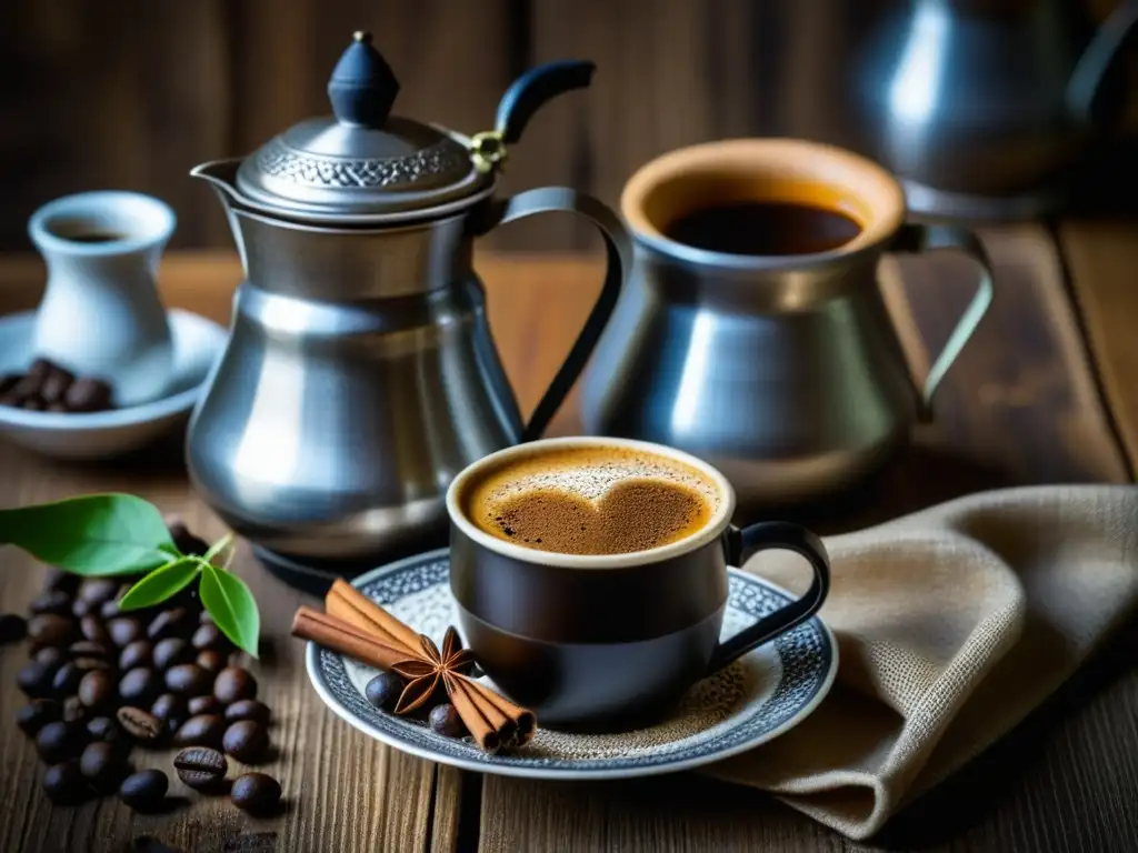 Una cautivadora escena de un cezve turco rodeado de granos de café, cardamomo y una taza de café turco con espuma