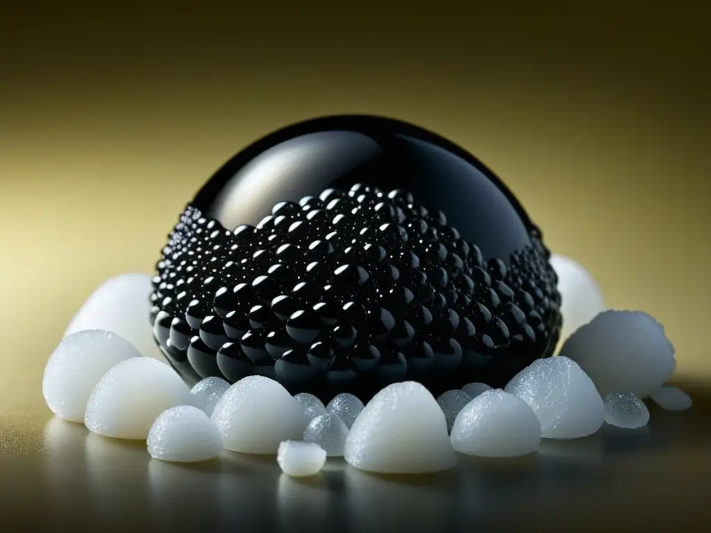 Caviar de lujo: perlas negras brillantes sobre hielo triturado, evocando opulencia y arte culinario