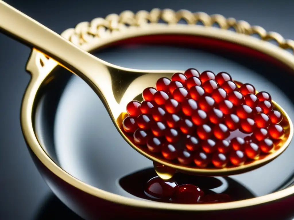 Caviar rojo sobre cuchara dorada de la cocina de los Zares influencia relaciones internacionales