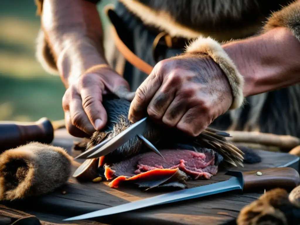 Caza y recolección en cocina vikinga: Manos vikingas hábiles desollando un jabalí salvaje recién cazado