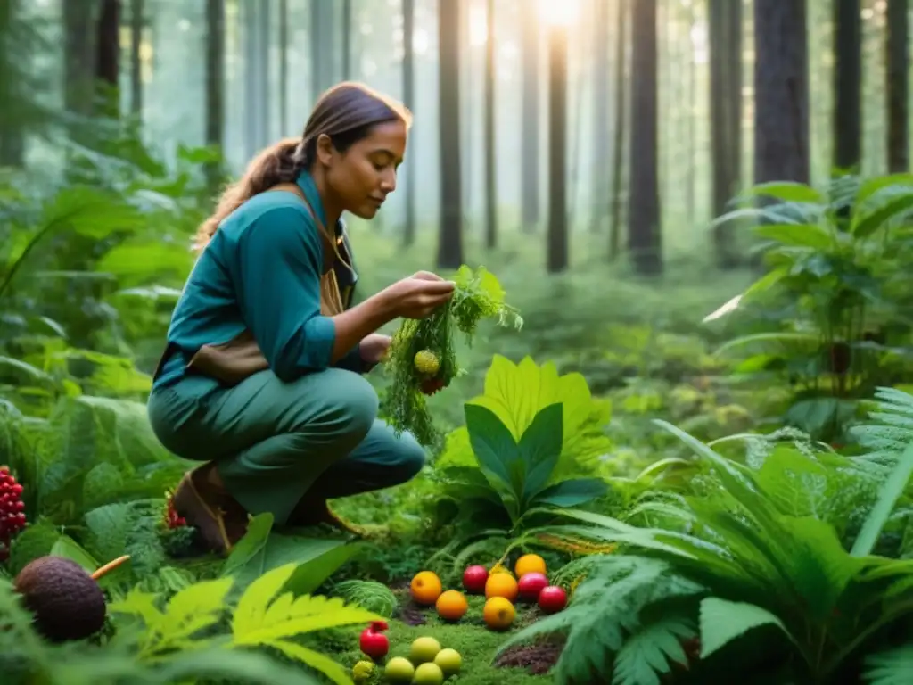 Un cazador recolectando alimentos en un bosque exuberante, muestra estrategias sostenibles en la alimentación