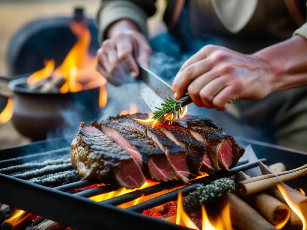 Un cazador nómada sazona carne sobre fuego abierto, destacando técnicas de preparación de carnes