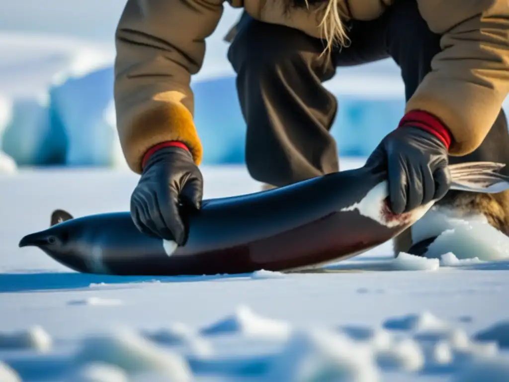 Un cazador inuit habilidoso desollando y cortando una foca en un paisaje ártico