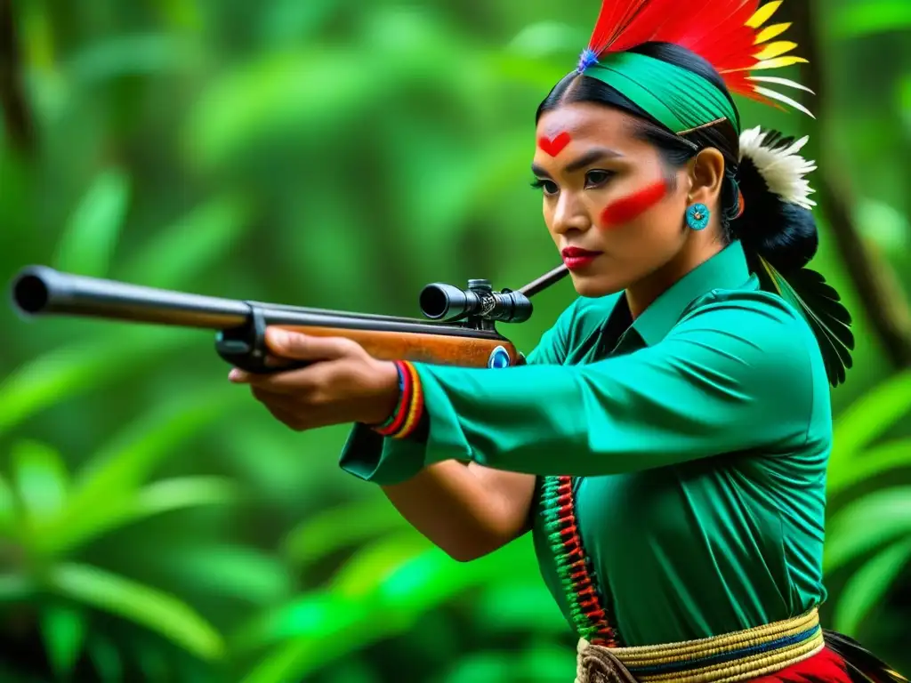 Cazador Maya apuntando a Quetzal en la selva Un cazador maya, experto y sigiloso, apuntando con un cerbatan a un quetzal en la selva exuberante