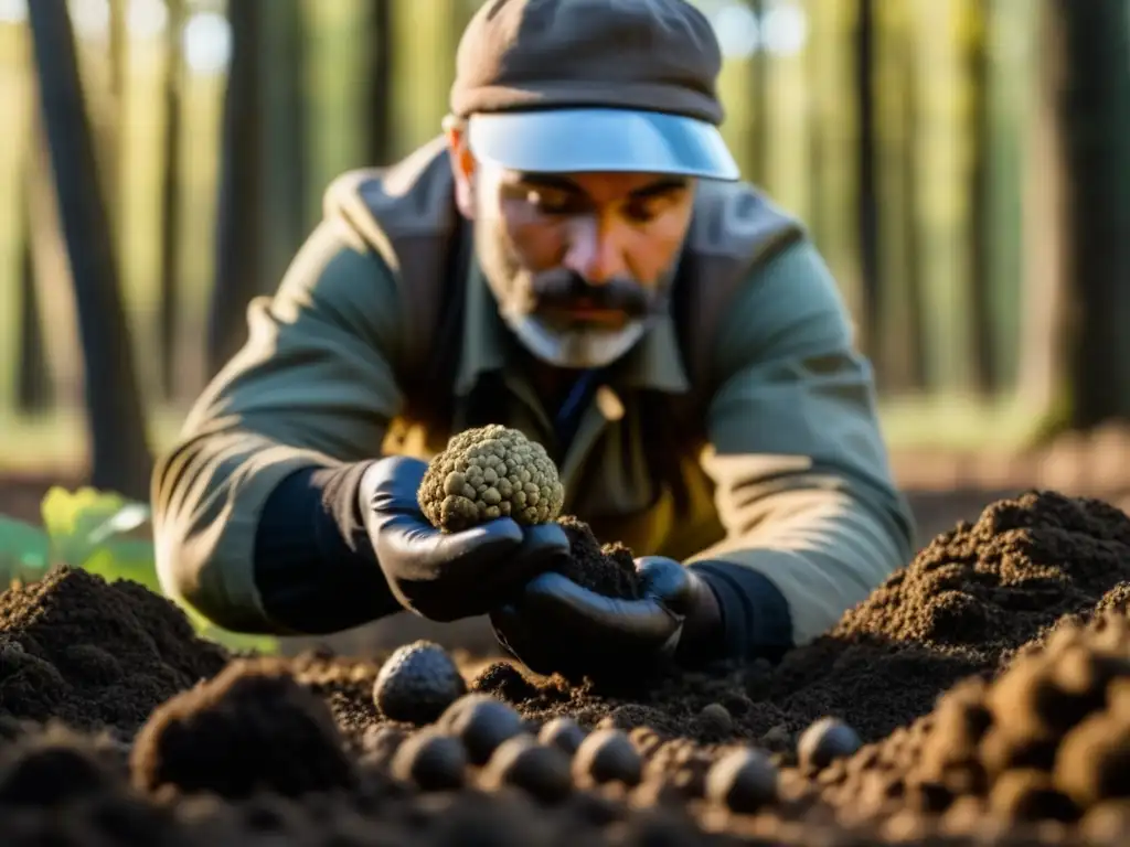 Un cazador de trufas desentierra con destreza una rara trufa negra en un denso bosque