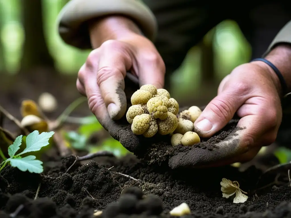 Un cazador de trufas extrae con destreza una rara trufa blanca del suelo del bosque