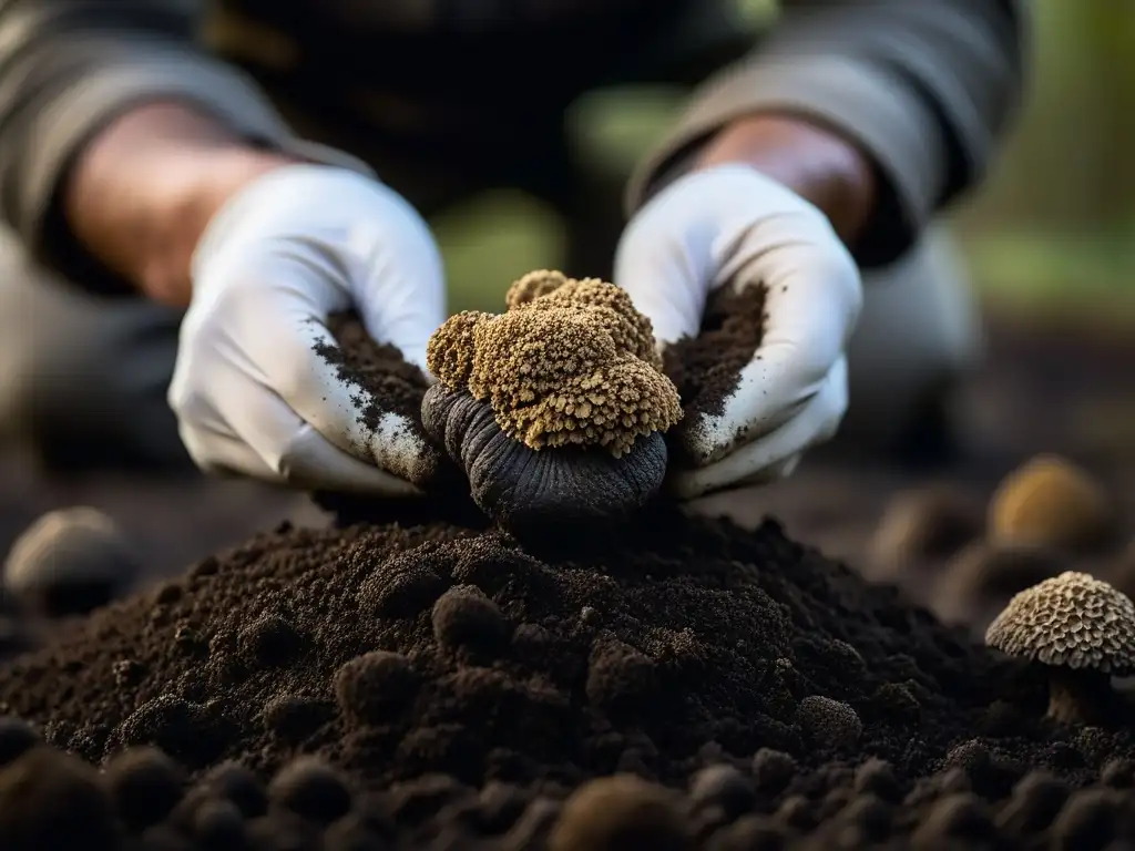 Un cazador de trufas experimentado limpia con delicadeza una trufa recién desenterrada, resaltando sus tonos oscuros sobre la tierra