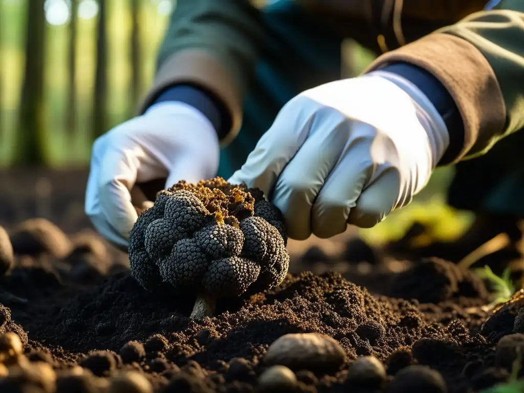 Un cazador de trufas experto extrae con cuidado una trufa negra perfecta de la tierra oscura de un bosque exuberante