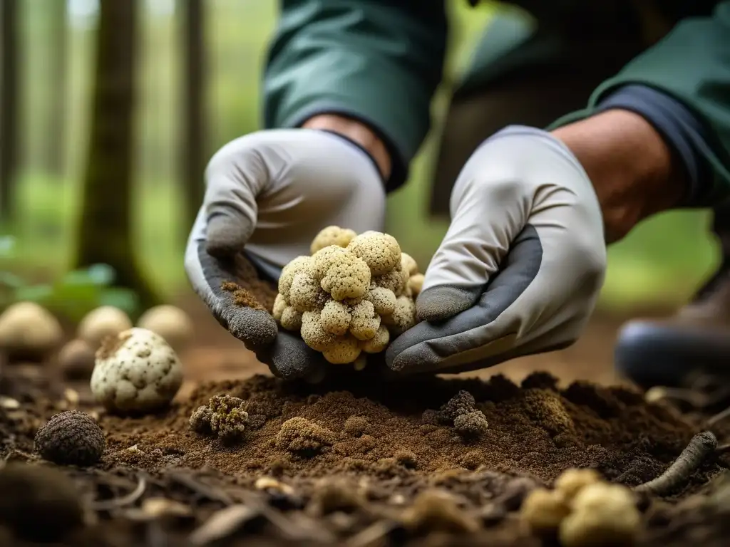 Un cazador de trufas experto extrae con delicadeza una rara trufa blanca de la tierra en un exuberante bosque