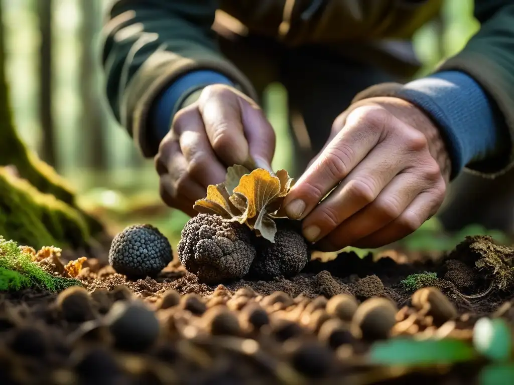 Un cazador de trufas experto desentierra con delicadeza una trufa preciosa en un bosque exuberante