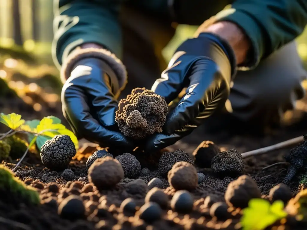 Un cazador de trufas experto desentierra una preciada trufa negra en un bosque denso, conectando con la cultura histórica de los festivales de trufa