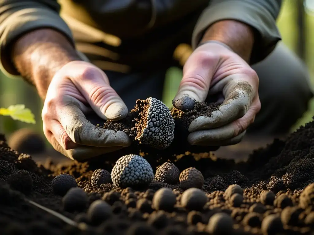 Un cazador de trufas experto descubre una preciada trufa negra en un bosque denso, resaltando la artesanía y reverencia de esta tradición culinaria