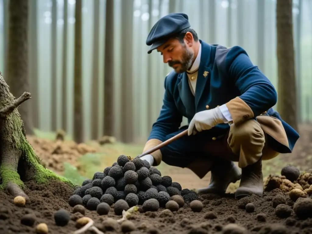 Un cazador de trufas busca con su perro una trufa negra Perigord en un bosque milenario, resaltando la historia culinaria