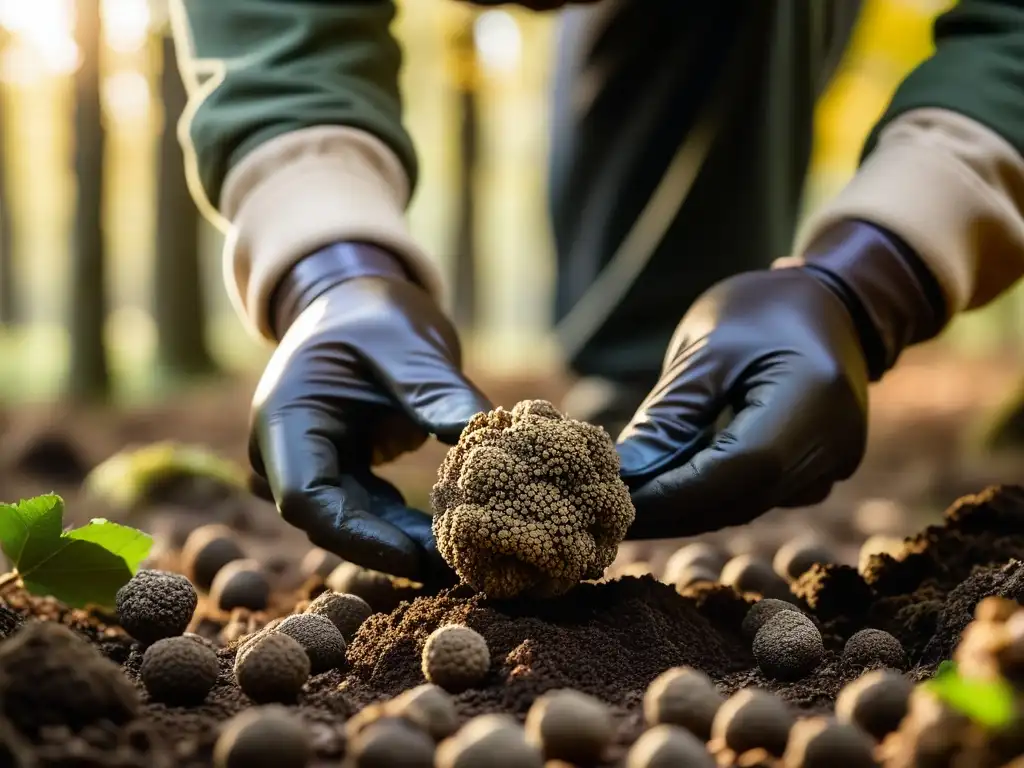 Un cazador de trufas del Renacimiento extrae con destreza una valiosa trufa en un bosque exuberante