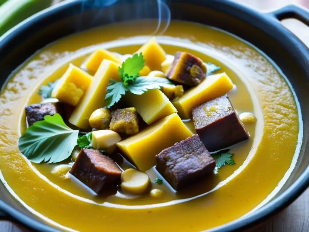 Un cazuela de barro con sancocho burbujeante, un plato tradicional de la cocina criolla colonial mestiza del Caribe