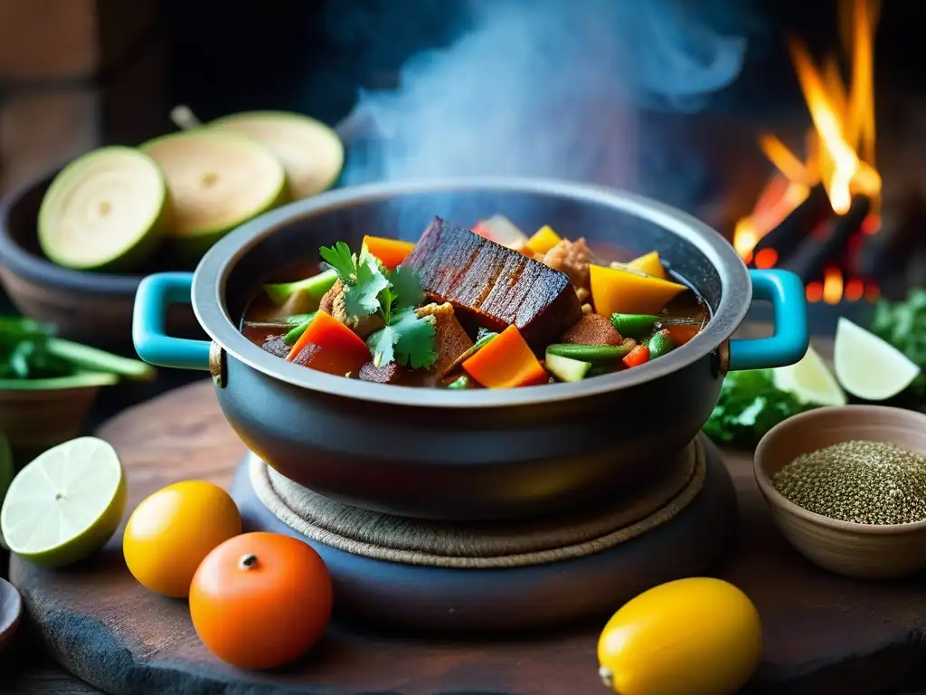 Una cazuela Inca histórica rebosante de colores y texturas, cocinando sobre fuego