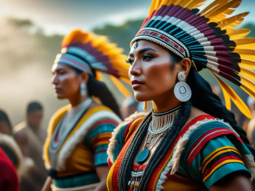 Celebración de cosecha maya en América colonial: danzantes adornados con plumas y textiles vibrantes