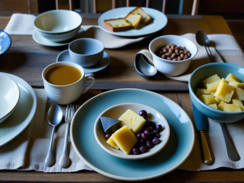 Cenas comunitarias durante la Gran Depresión: mesa gastada con platos variados, tazas astilladas y cubiertos desgastados, comida reconfortante