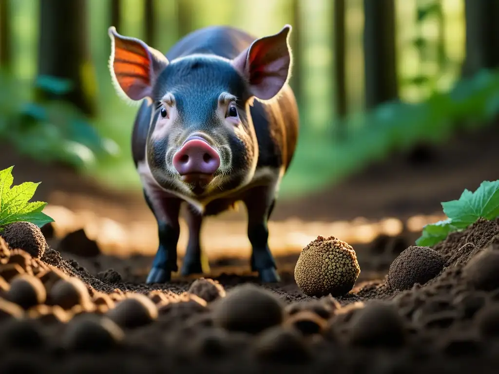 Un cerdo trufero majestuoso encuentra una trufa preciosa en un bosque exuberante