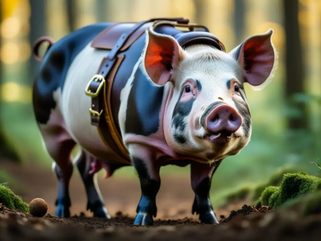 Un cerdo trufero majestuoso busca trufas en el bosque, reflejando la historia culinaria y el papel de estos animales