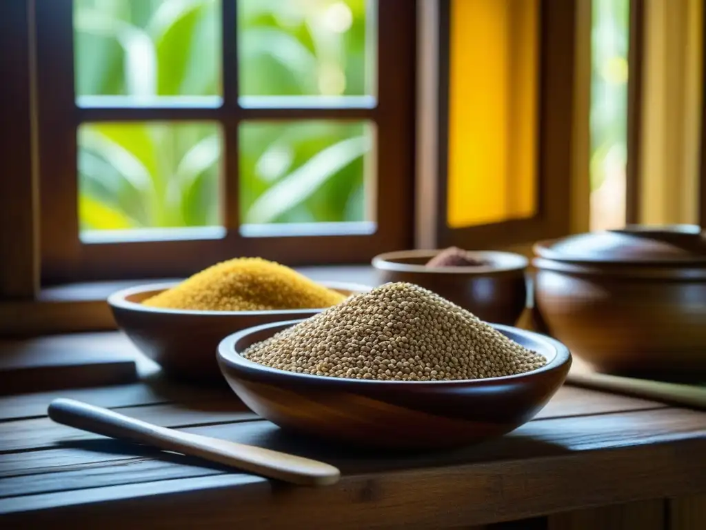 Cereales africanos en dieta caribeña: Detalle de granos coloridos en una cocina tradicional caribeña