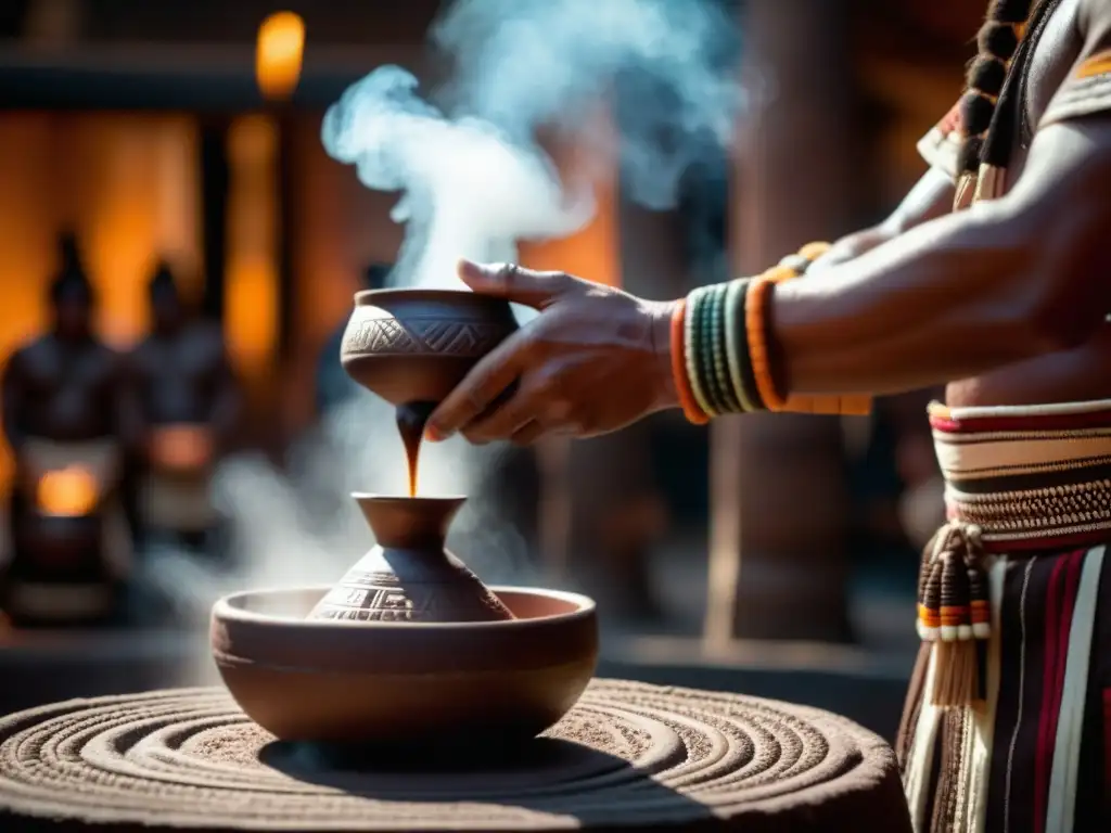 Ceremonia ancestral azteca de cacao en templo iluminado por antorchas