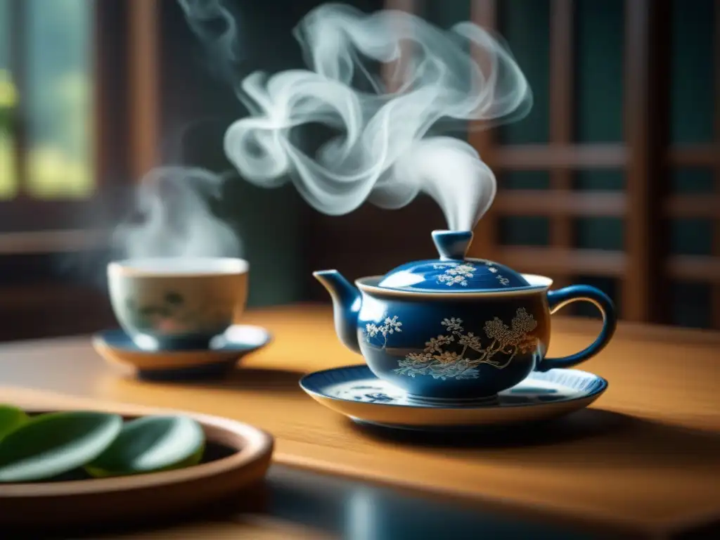 Una ceremonia de té china tradicional en detalle, con porcelana delicada y participantes concentrados, iluminados en un ambiente sereno