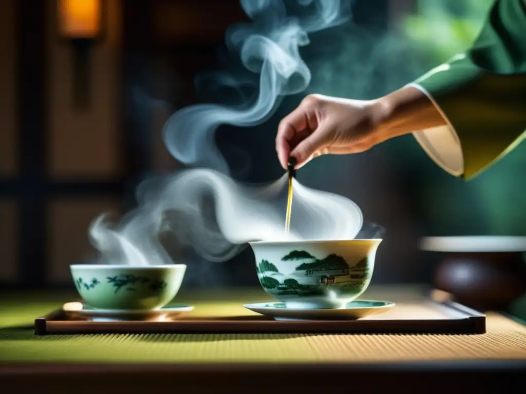 Una ceremonia de té china tradicional, con tetera vertiendo té verde en taza de porcelana, en ambiente cálido y sereno