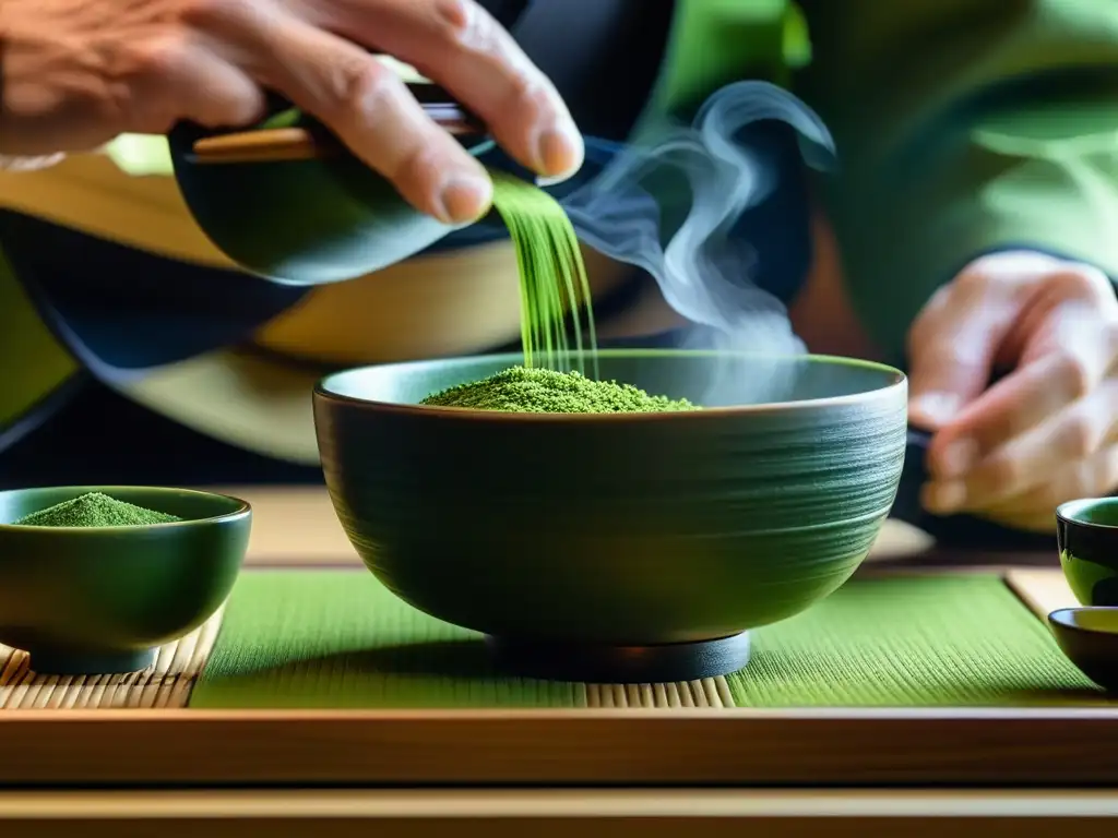 Ceremonia del té en historia: Detalle de una ceremonia japonesa, mostrando la preparación meticulosa del matcha con gracia y tradición