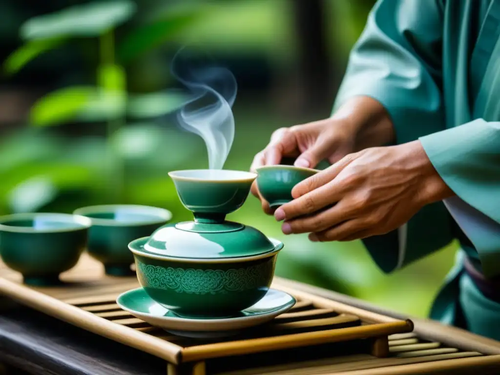 Ceremonia del té en IndoChina: Detalle de una serena y elegante ceremonia tradicional vietnamita al aire libre